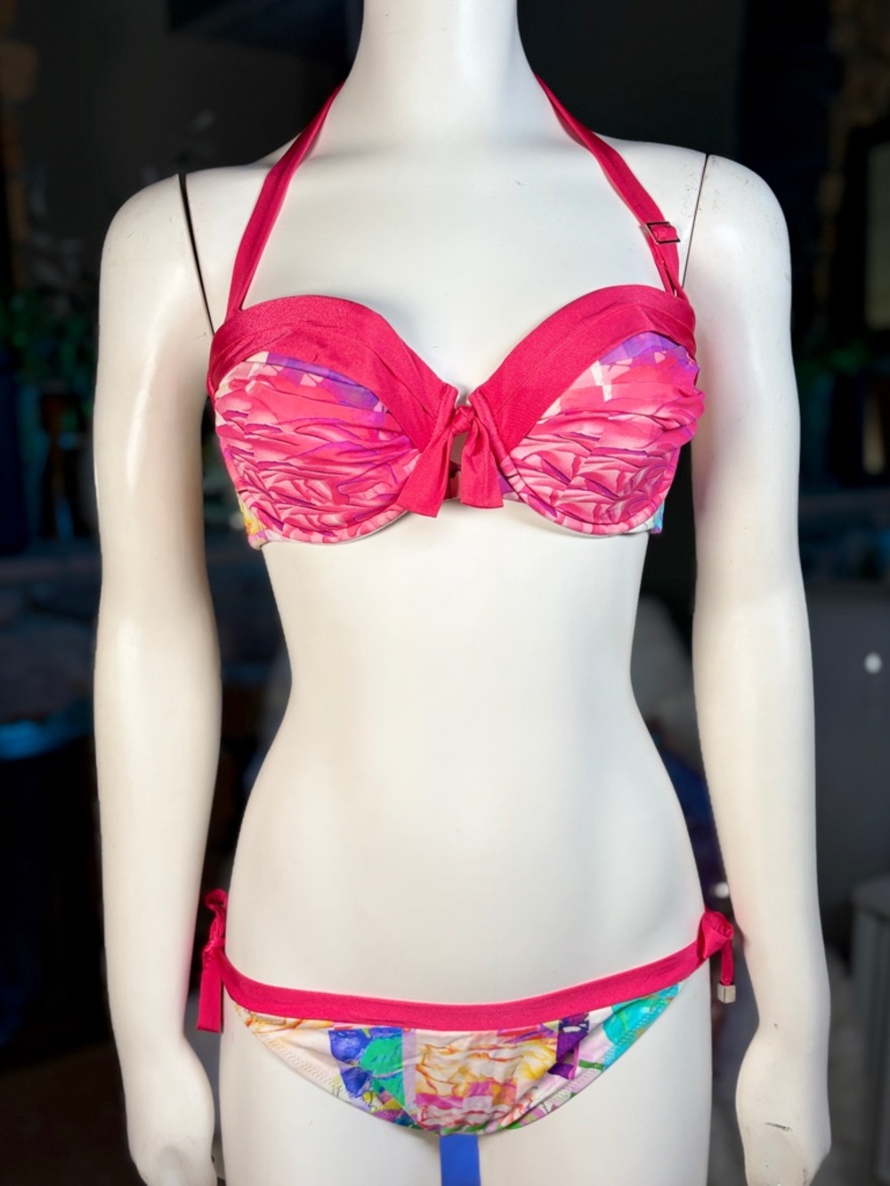 Shan Pink Multicolor 2-pc. Halter Style Underwire Cup Side Tie Bikini, Sz 10 D